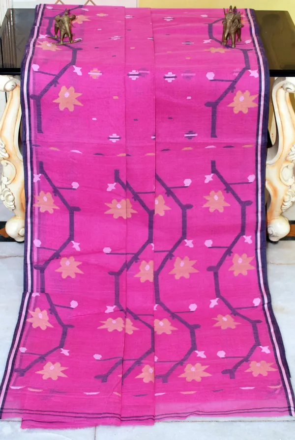 Hand_Woven_Cotton_Dhakai_Jamdani_Saree_In_Pink_Midnight_Blue_Beige_And_Off_White