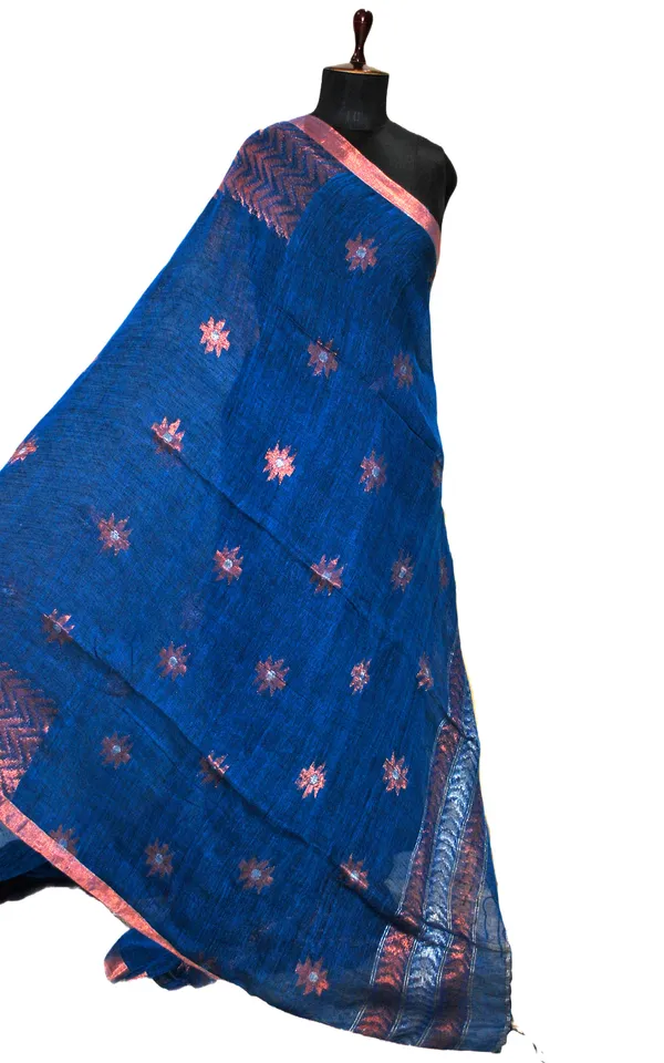 Sona_Rupa_Hand_Woven_Linen_Kanchipuram_Saree_In_Denim_Blue_Copper_And_Silver_Zari_Work