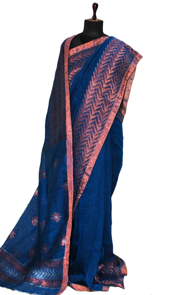 Sona_Rupa_Hand_Woven_Linen_Kanchipuram_Saree_In_Denim_Blue_Copper_And_Silver_Zari_Work