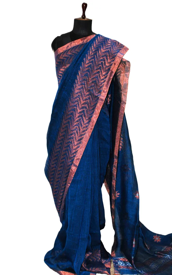 Sona_Rupa_Hand_Woven_Linen_Kanchipuram_Saree_In_Denim_Blue_Copper_And_Silver_Zari_Work
