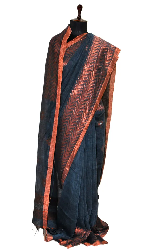 Sona_Rupa_Hand_Woven_Linen_Kanchipuram_Saree_In_Anchor_Grey_Copper_And_Silver_Zari_Work