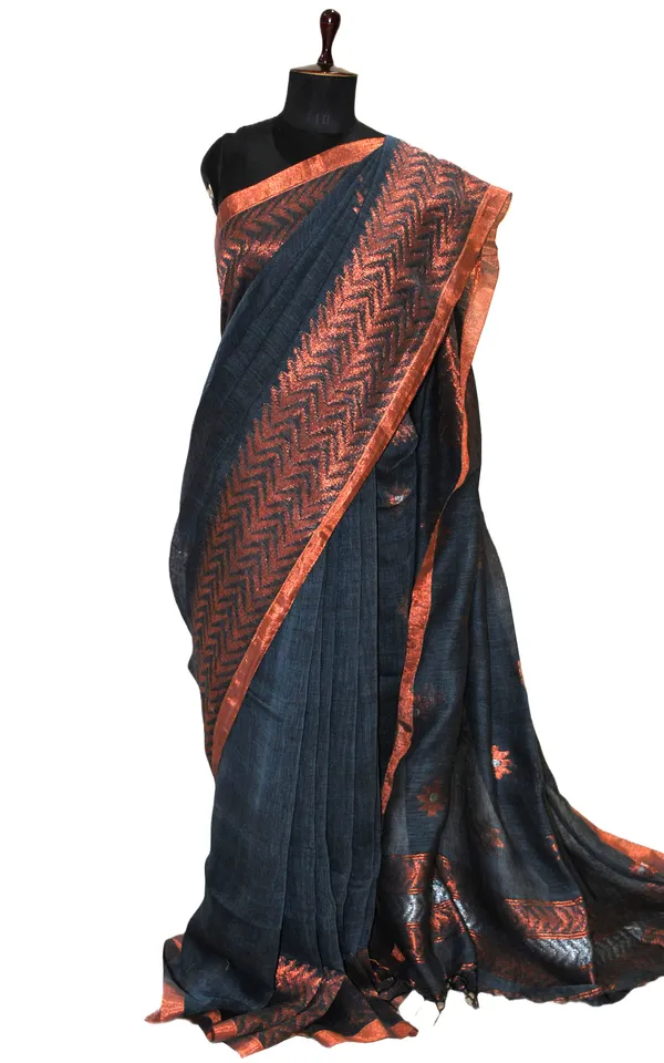 Sona_Rupa_Hand_Woven_Linen_Kanchipuram_Saree_In_Anchor_Grey_Copper_And_Silver_Zari_Work