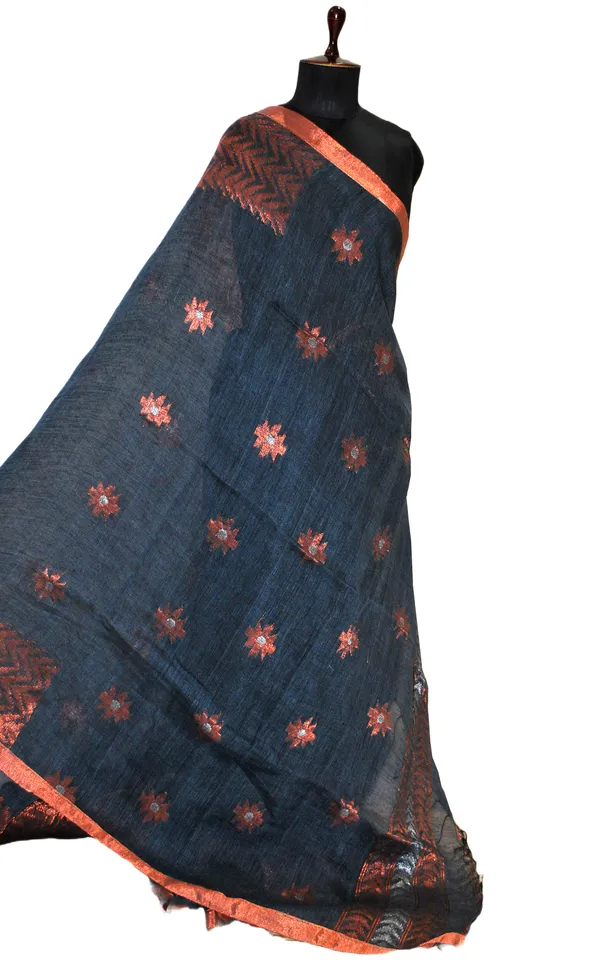 Sona_Rupa_Hand_Woven_Linen_Kanchipuram_Saree_In_Anchor_Grey_Copper_And_Silver_Zari_Work