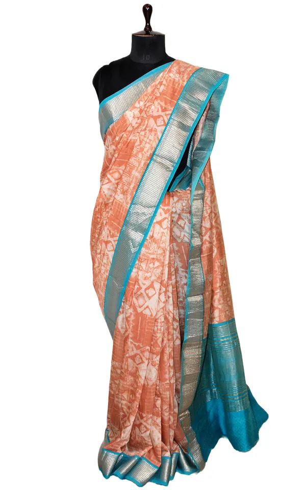 Printed_Soft_Chanderi_Silk_Saree_In_Creamy_Peach_Off_White_Olympic_Blue_And_Antique_Gold