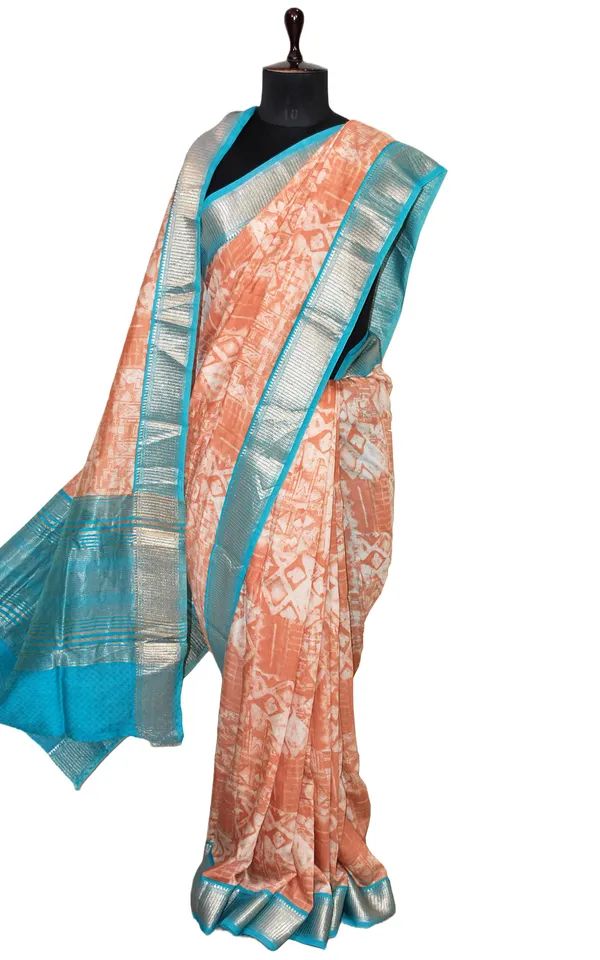 Printed_Soft_Chanderi_Silk_Saree_In_Creamy_Peach_Off_White_Olympic_Blue_And_Antique_Gold