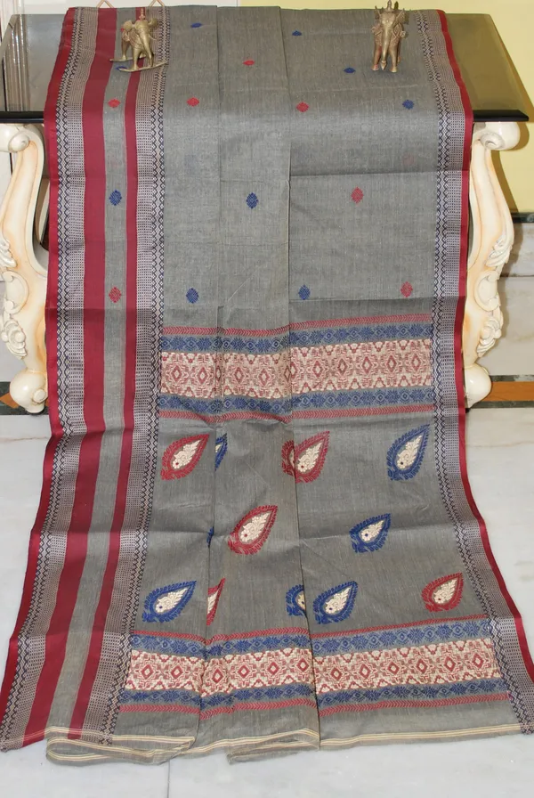 Premium_Quality_Bengal_Handloom_Meenakari_Bomkai_Cotton_Saree_In_Trout_Grey_Maroon_And_Admiral_Blue
