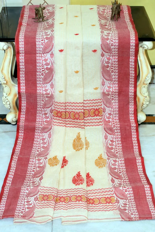 Woven_Matta_Nakshi_Border_With_Body_Stripes_Bengal_Handloom_Cotton_Saree_In_Off_White_Red_And_Mustard