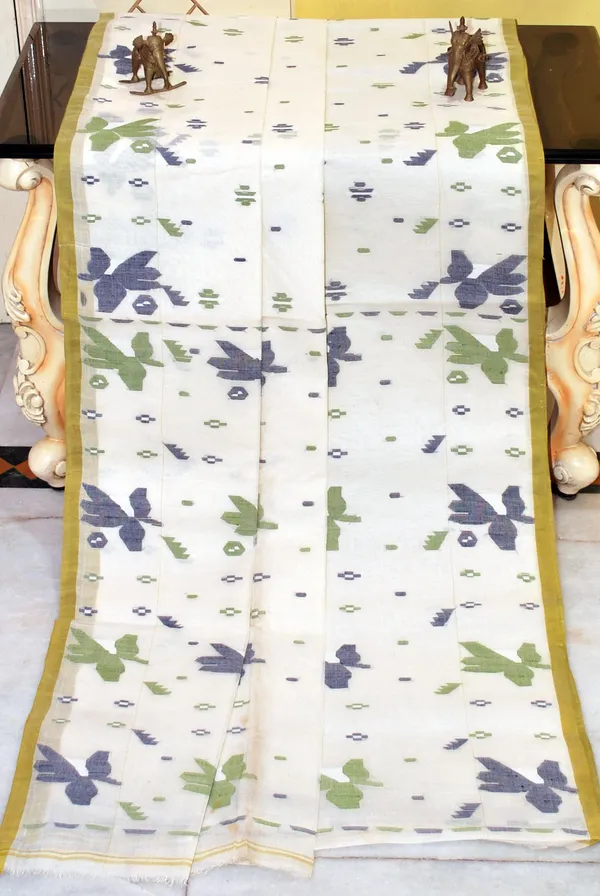 Traditional_Hand_Karat_Work_Cotton_Jamdani_Saree_In_Off_White_Pistachio_Green_And_Navy_Blue