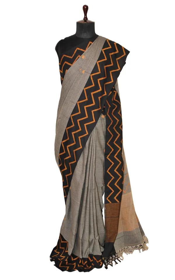 Designer_Soft_Cotton_Jamdani_Saree_In_Gray_Black_And_Golden_Yellow