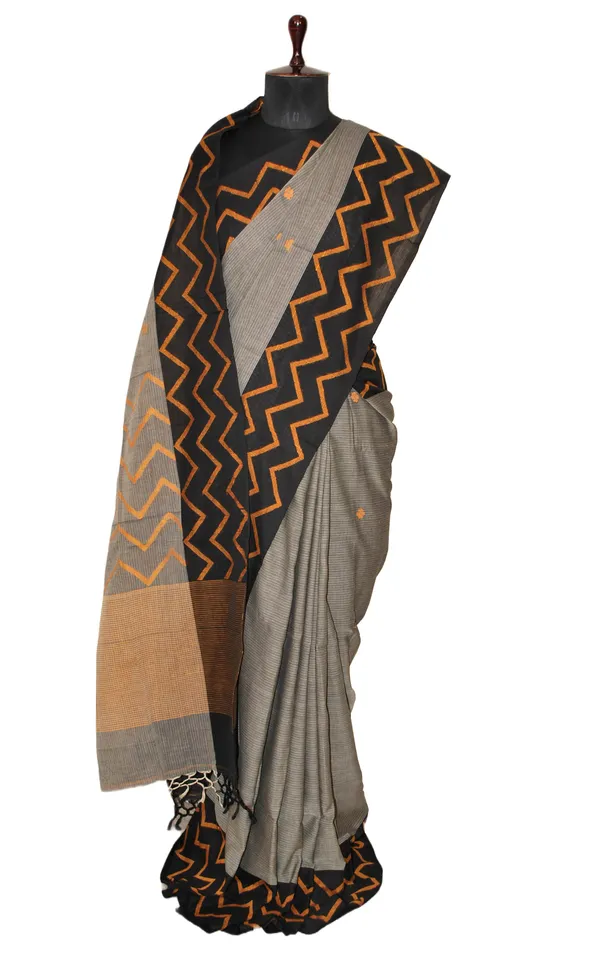 Designer_Soft_Cotton_Jamdani_Saree_In_Gray_Black_And_Golden_Yellow