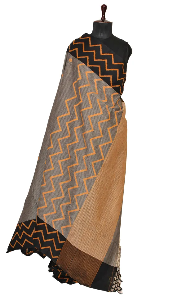 Designer_Soft_Cotton_Jamdani_Saree_In_Gray_Black_And_Golden_Yellow