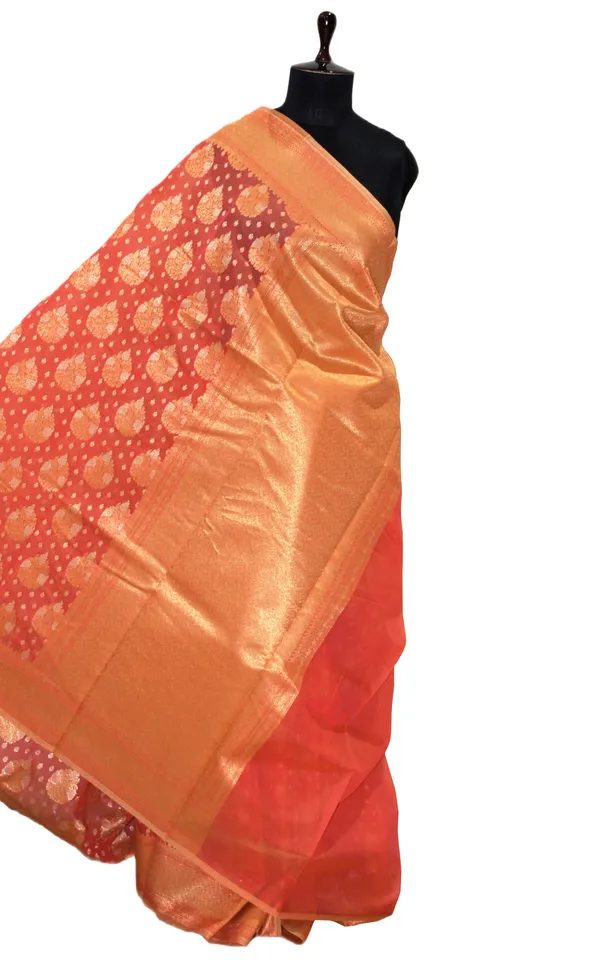 Hand_Woven_Cotton_Chanderi_Saree_In_Sunset_Orange_And_Muted_Gold