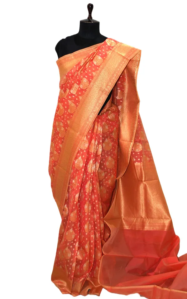Hand_Woven_Cotton_Chanderi_Saree_In_Sunset_Orange_And_Muted_Gold