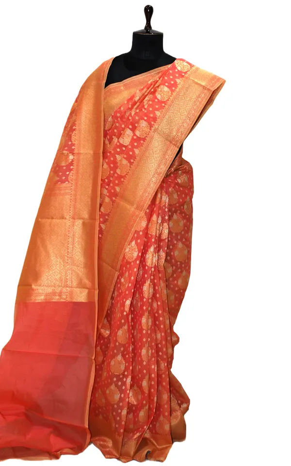 Hand_Woven_Cotton_Chanderi_Saree_In_Sunset_Orange_And_Muted_Gold
