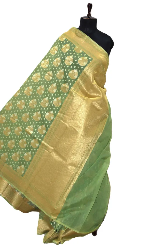 Hand_Woven_Cotton_Chanderi_Saree_In_Sage_Green_And_Muted_Gold