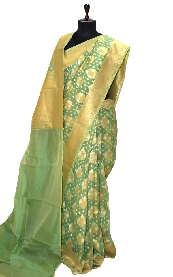 Hand_Woven_Cotton_Chanderi_Saree_In_Sage_Green_And_Muted_Gold