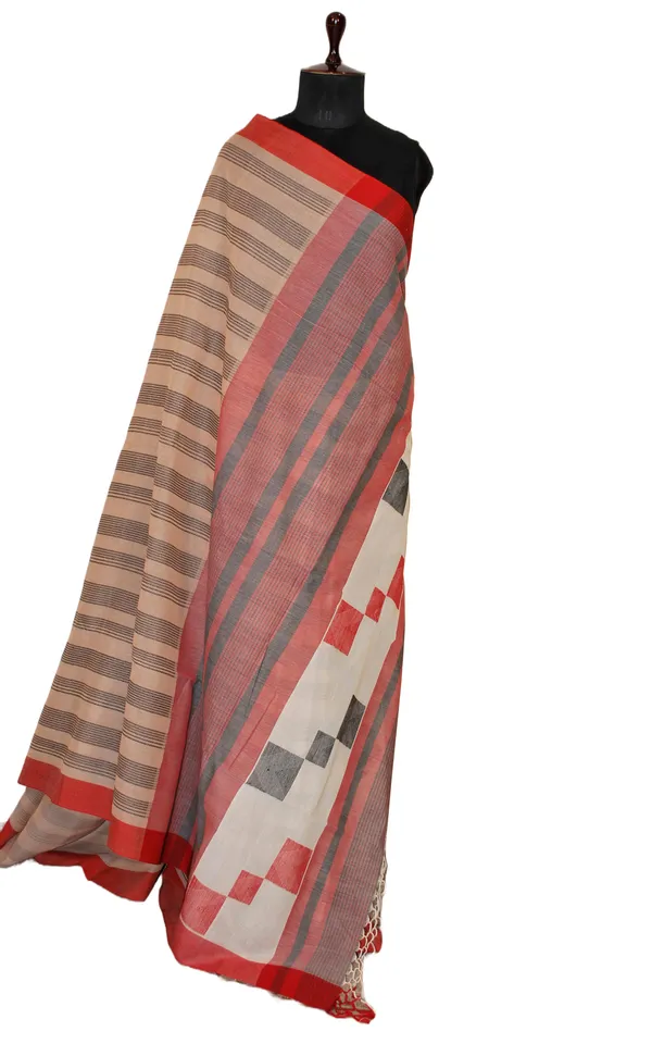 Self_Woven_Stripes_Soft_Cotton_Jamdani_Saree_In_Khaki_Red_And_Black