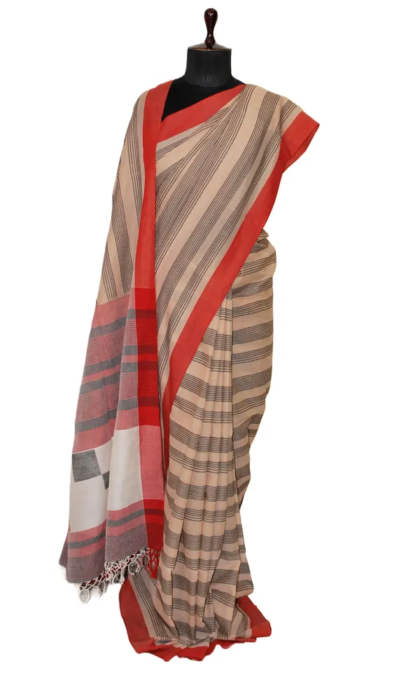 Self_Woven_Stripes_Soft_Cotton_Jamdani_Saree_In_Khaki_Red_And_Black
