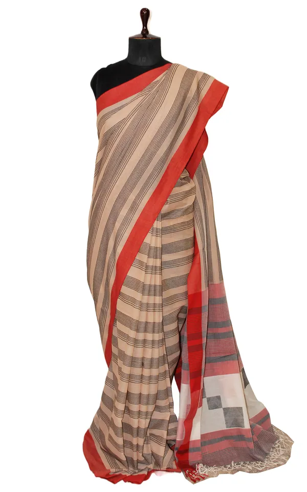 Self_Woven_Stripes_Soft_Cotton_Jamdani_Saree_In_Khaki_Red_And_Black