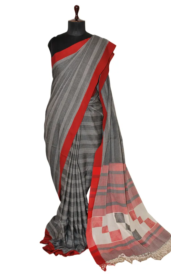 Self_Woven_Stripes_Soft_Cotton_Jamdani_Saree_In_Charcoal_Grey_Red_And_Black