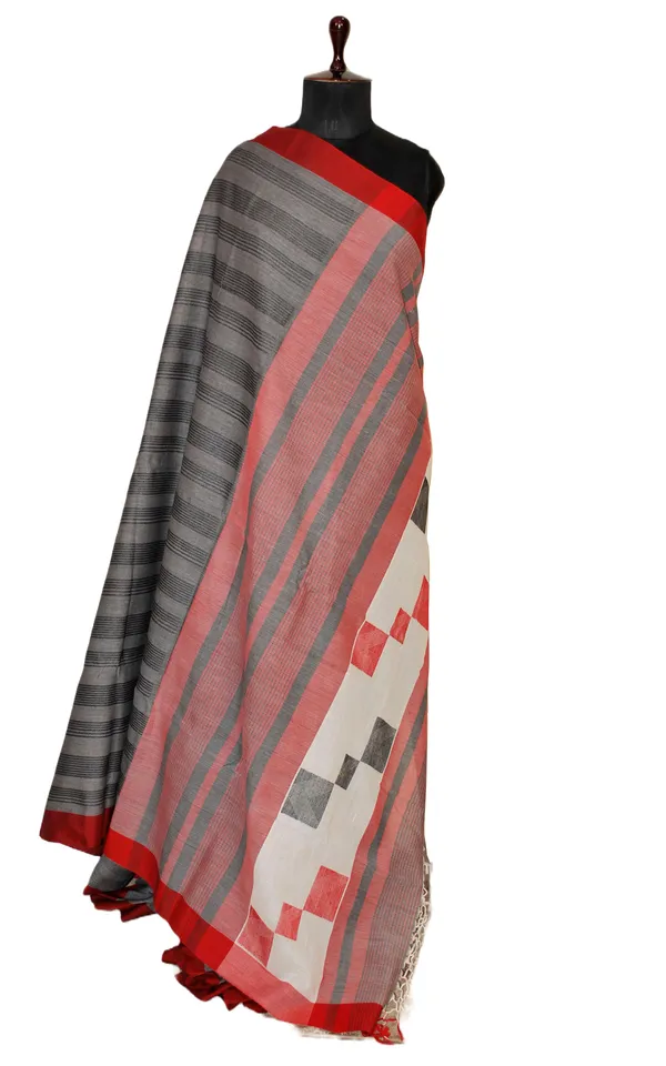 Self_Woven_Stripes_Soft_Cotton_Jamdani_Saree_In_Charcoal_Grey_Red_And_Black