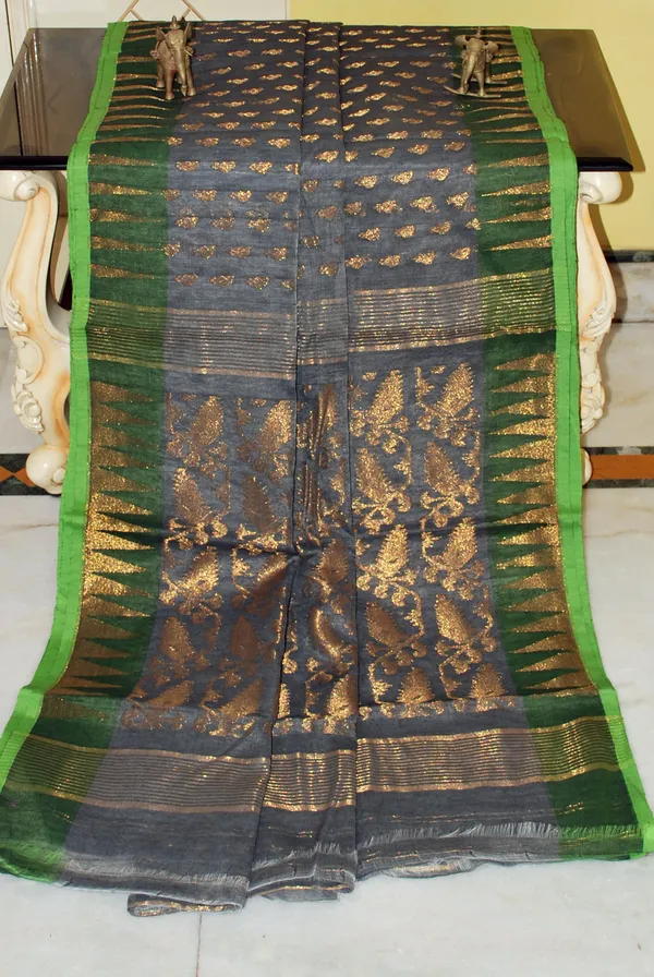Soft_Dhakai_Jamdani_Saree_In_Grey_Green_And_Antique_Gold
