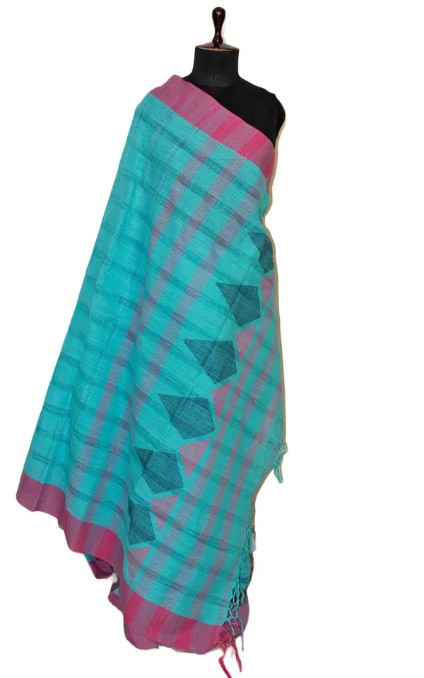 Woven_Kotki_Checks_Soft_Cotton_Saree_In_Cyan_Blue_And_Purple_Pink