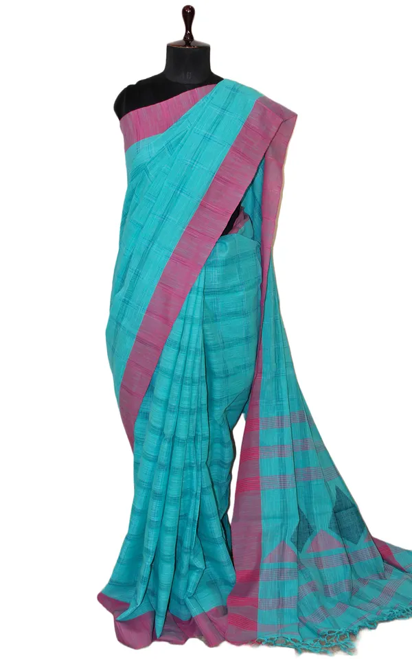 Woven_Kotki_Checks_Soft_Cotton_Saree_In_Cyan_Blue_And_Purple_Pink