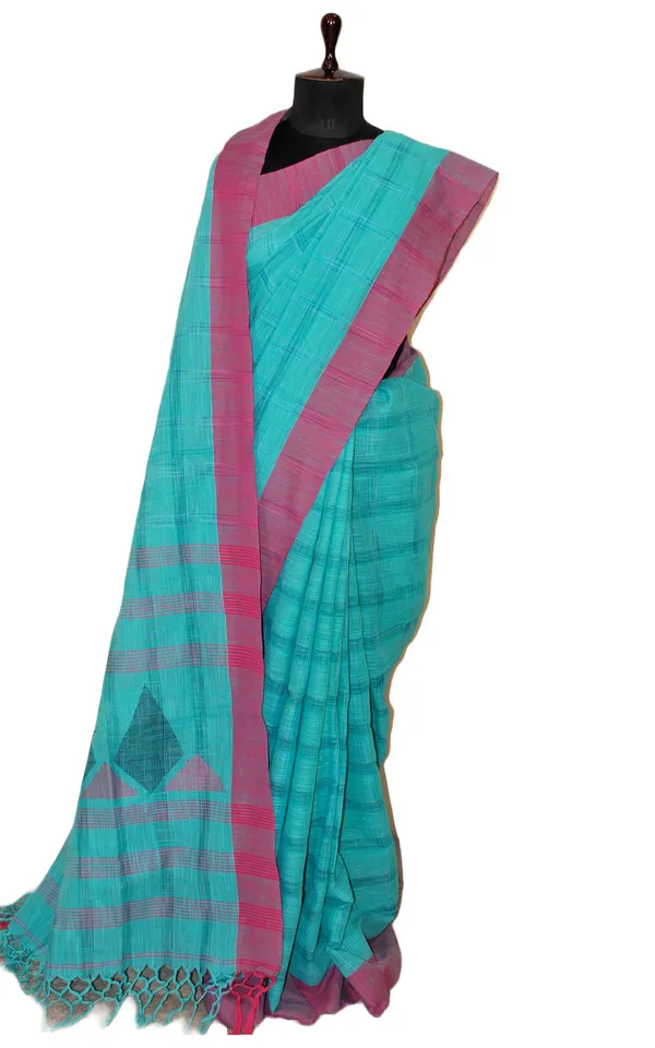 Woven_Kotki_Checks_Soft_Cotton_Saree_In_Cyan_Blue_And_Purple_Pink
