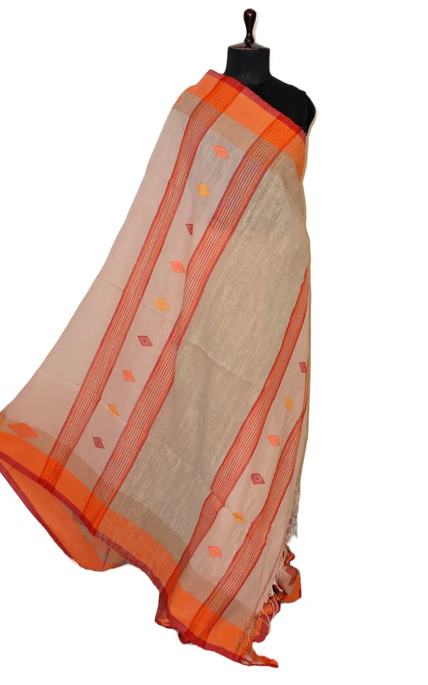 Hand_Woven_Pure_Soft_Cotton_Saree_In_Linen_Cream_Orange_And_Red