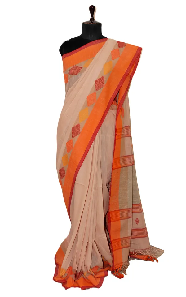 Hand_Woven_Pure_Soft_Cotton_Saree_In_Linen_Cream_Orange_And_Red