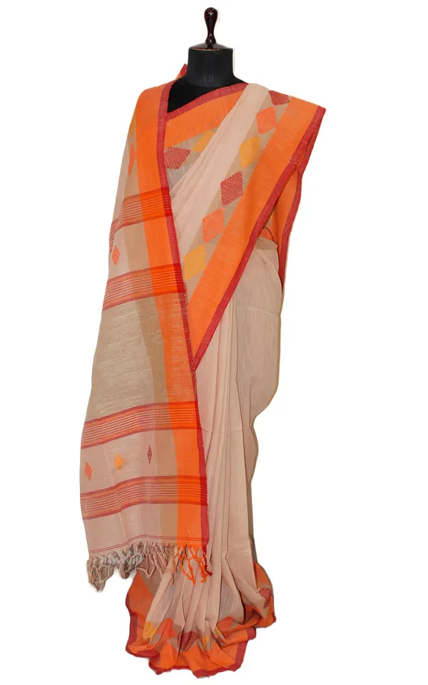 Hand_Woven_Pure_Soft_Cotton_Saree_In_Linen_Cream_Orange_And_Red