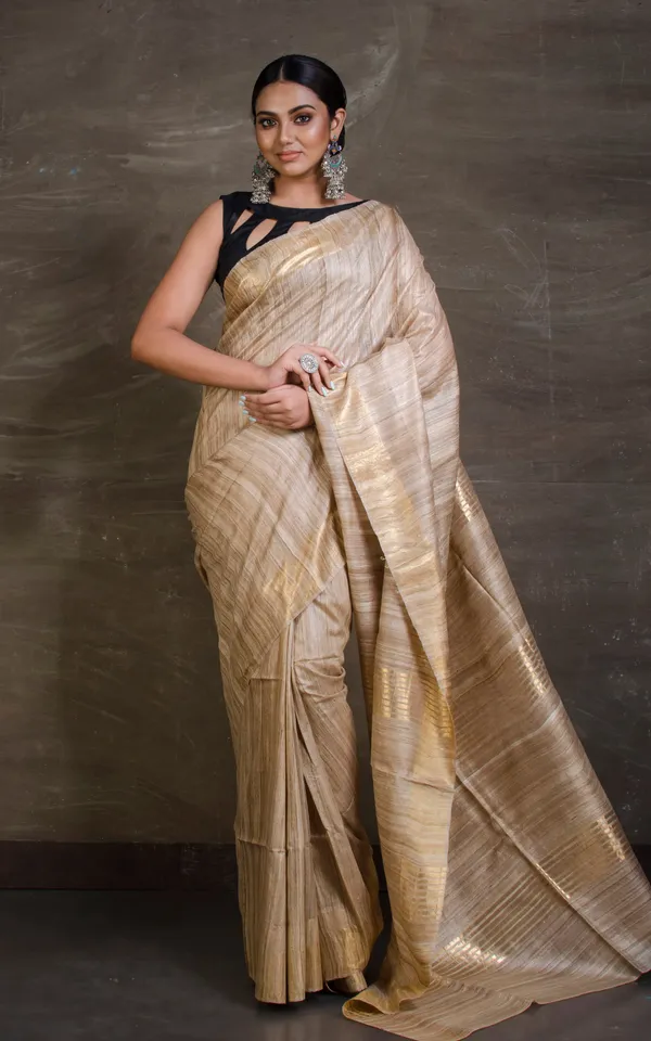 Pure_Handloom_Ghicha_Tussar_Saree_In_Beige_And_Gold
