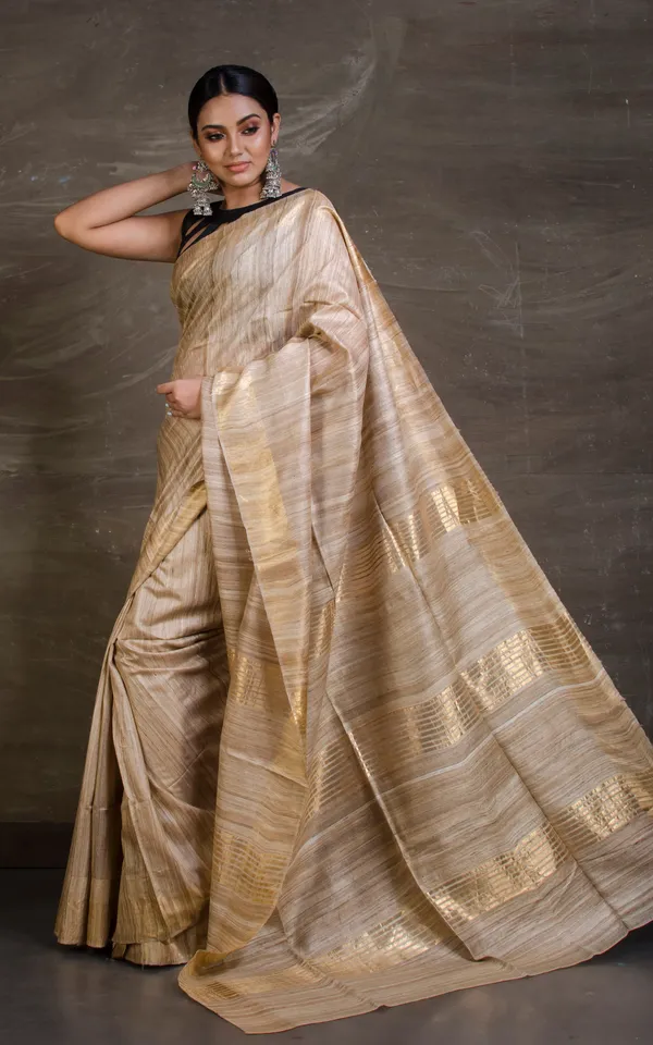Pure_Handloom_Ghicha_Tussar_Saree_In_Beige_And_Gold