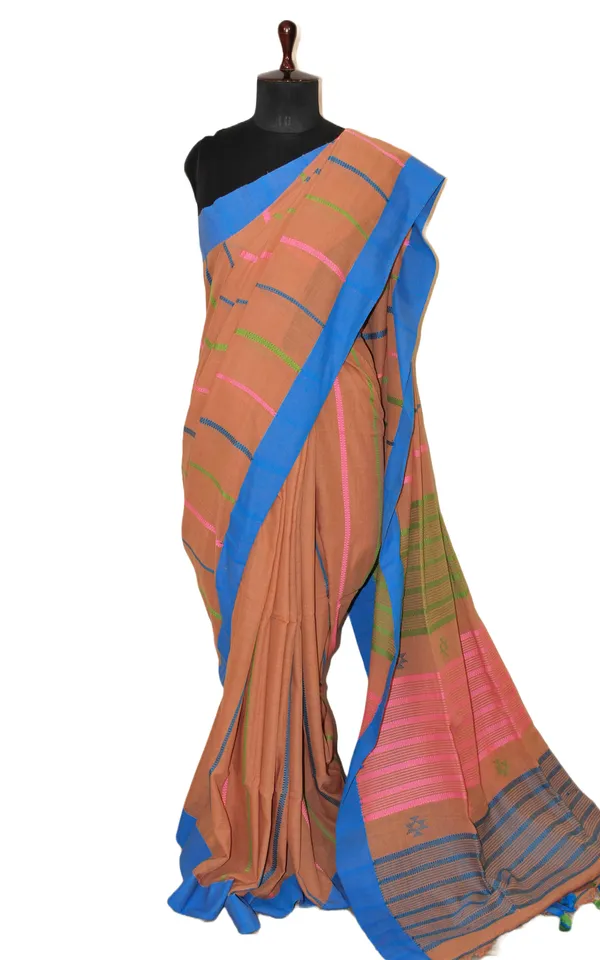 Pure_Cotton_Kalakshetra_Saree_In_Almond_Brown_Azure_Blue_Light_Pink_And_Green