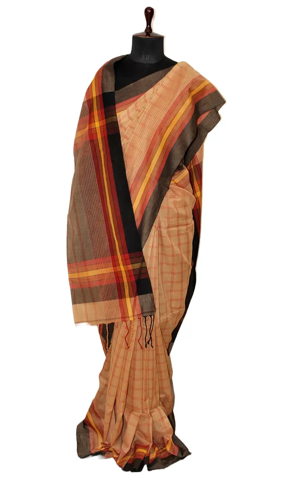 Hand_Woven_Checks_Soft_Cotton_Saree_In_Light_Brown_Maroon_Amber_Yellow_And_Black