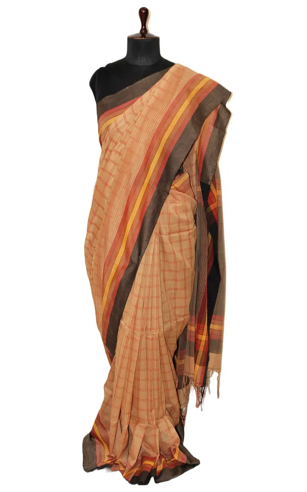 Hand_Woven_Checks_Soft_Cotton_Saree_In_Light_Brown_Maroon_Amber_Yellow_And_Black