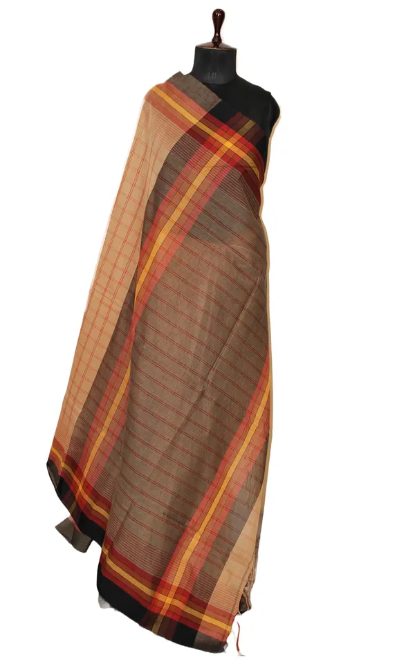 Hand_Woven_Checks_Soft_Cotton_Saree_In_Light_Brown_Maroon_Amber_Yellow_And_Black