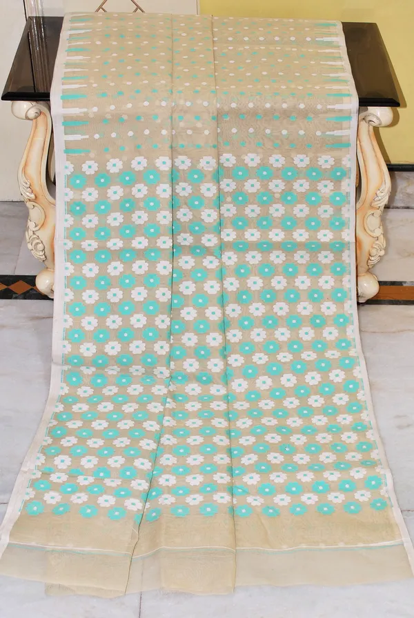 Woven_Hazar_Butti_Work_Jamdani_Saree_In_Beige_Off_White_And_Cyan_Green