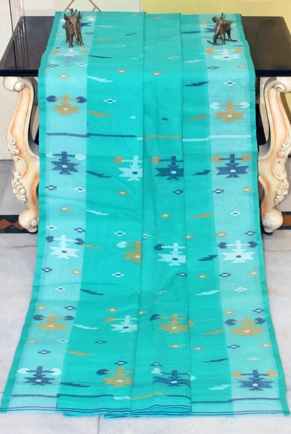 Traditional_Hand_Karat_Work_Cotton_Jamdani_Saree_In_Seagreen_Off_White_Black_And_Mustard_Thread_Work