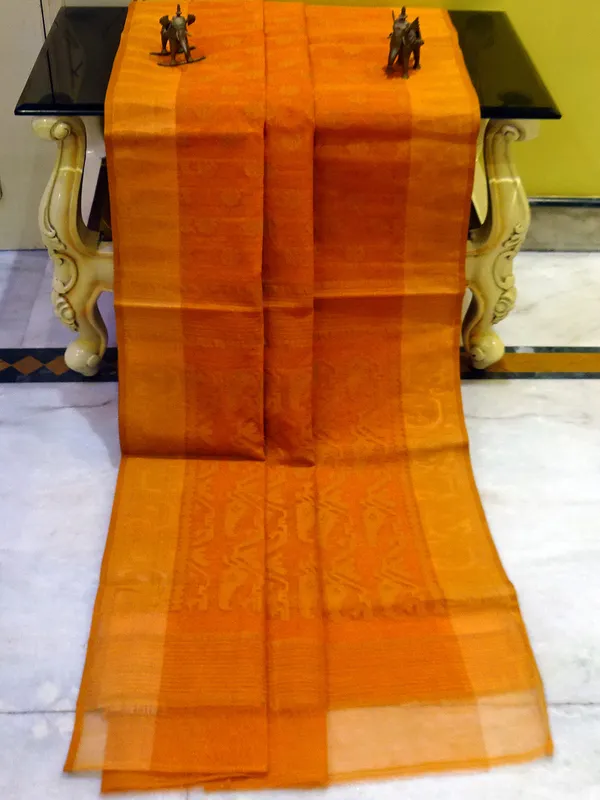 Self_Woven_Nakshi_Work_Cotton_Muslin_Jamdani_Saree_In_Golden_Amber
