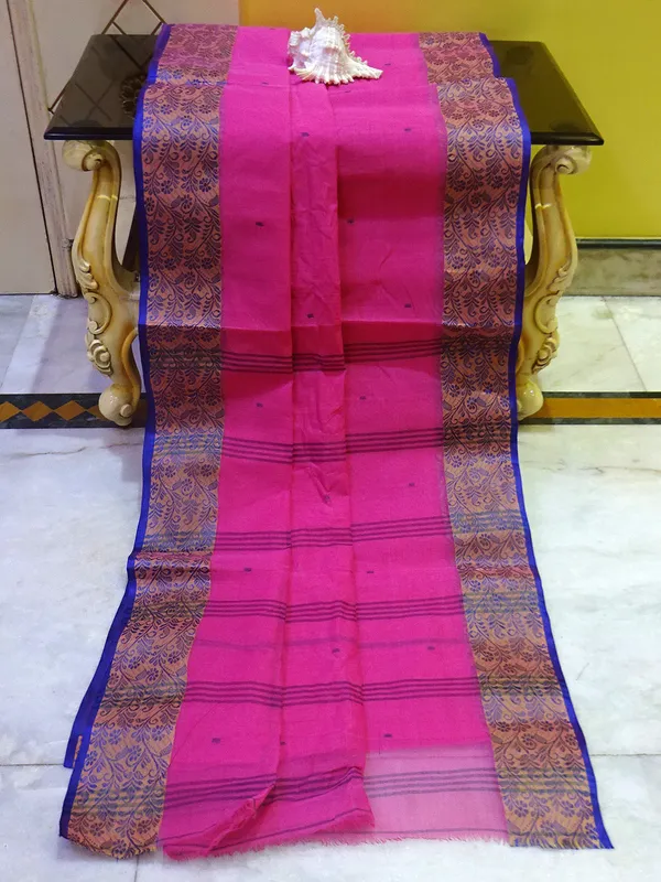 Thread_Nakshi_Jacket_Border_Bengal_Handloom_Cotton_Saree_In_Pink_Dark_Beige_And_Royal_Blue