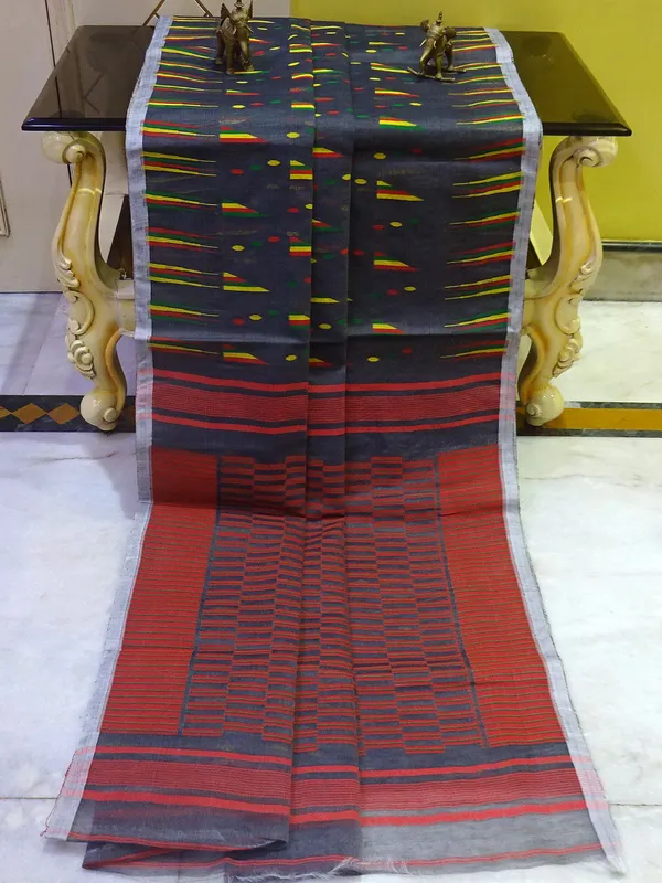 Designer_Geometric_Pattern_Jamdani_Saree_In_Metallic_Grey_Yellow_Green_And_Red_Thread_Work