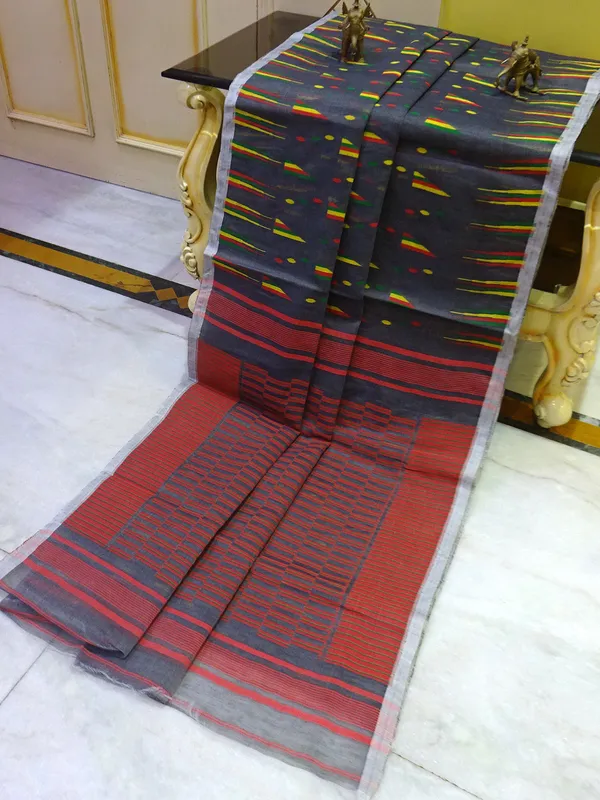 Designer_Geometric_Pattern_Jamdani_Saree_In_Metallic_Grey_Yellow_Green_And_Red_Thread_Work