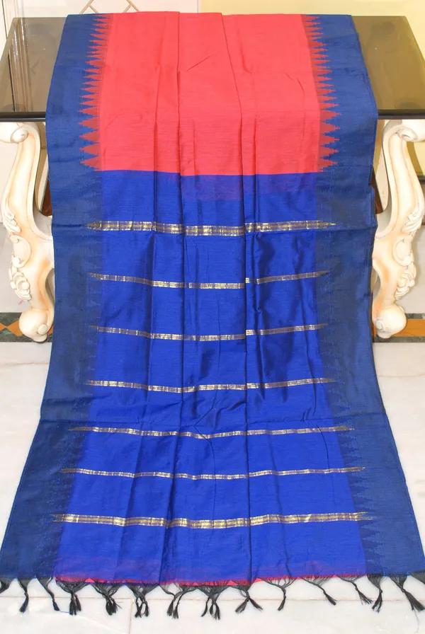 Soft_South_Cotton_Pencil_Border_Gadwal_Saree_In_Peach_And_Blue