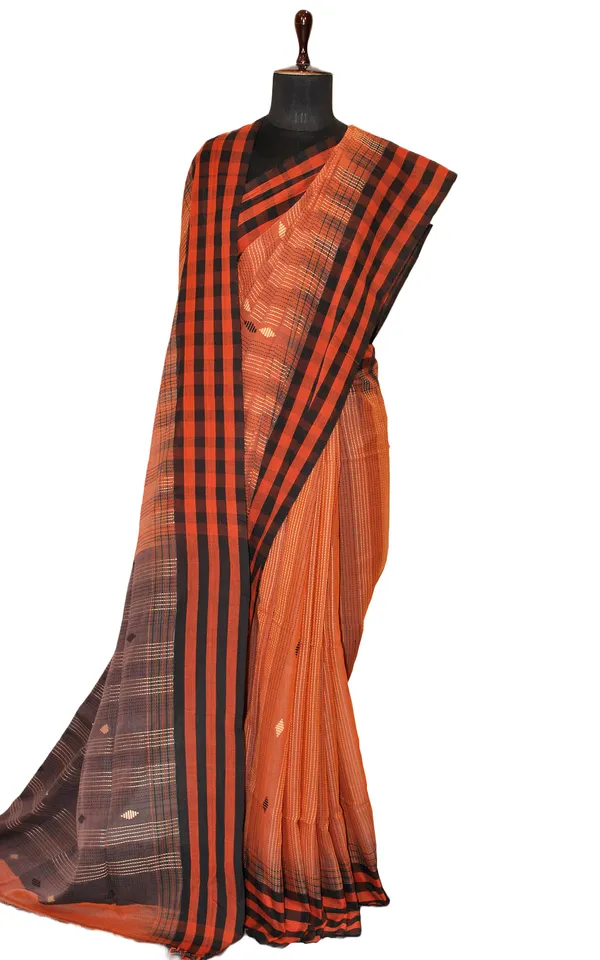 Hand_Woven_Checks_Border_Soft_Cotton_Kalakshetra_Saree_In_Rust_Brown_Midnight_Blue_And_Beige