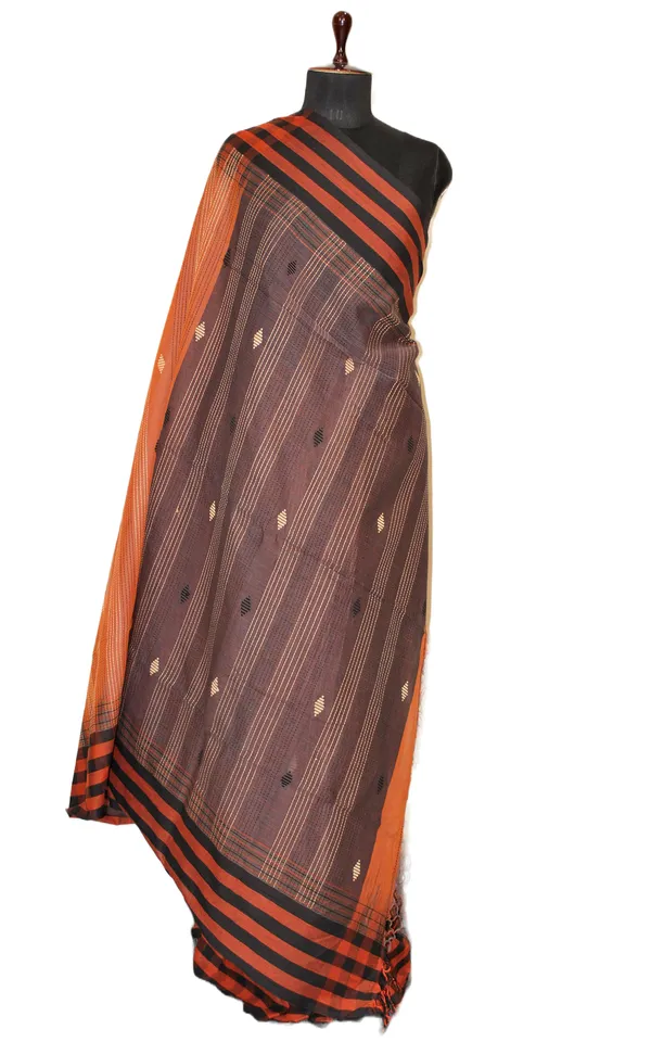 Hand_Woven_Checks_Border_Soft_Cotton_Kalakshetra_Saree_In_Rust_Brown_Midnight_Blue_And_Beige