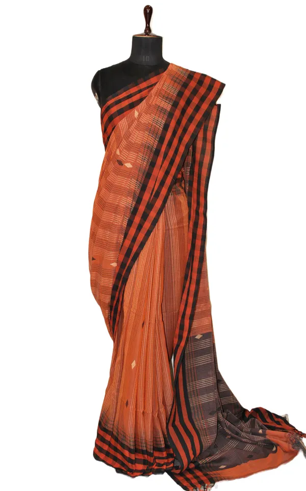 Hand_Woven_Checks_Border_Soft_Cotton_Kalakshetra_Saree_In_Rust_Brown_Midnight_Blue_And_Beige