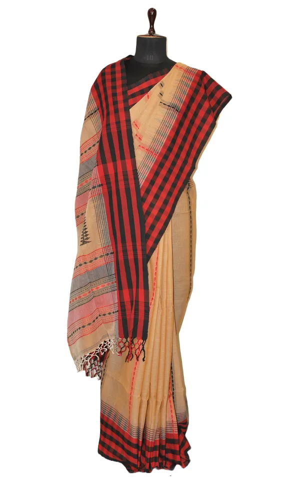 Hand_Woven_Checks_Border_Soft_Cotton_Kalakshetra_Saree_In_Beige_Red_And_Black