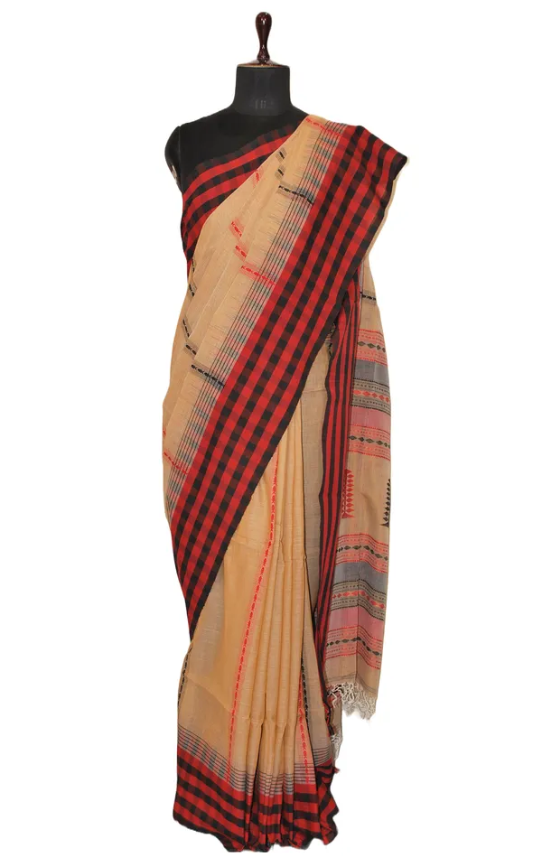 Hand_Woven_Checks_Border_Soft_Cotton_Kalakshetra_Saree_In_Beige_Red_And_Black